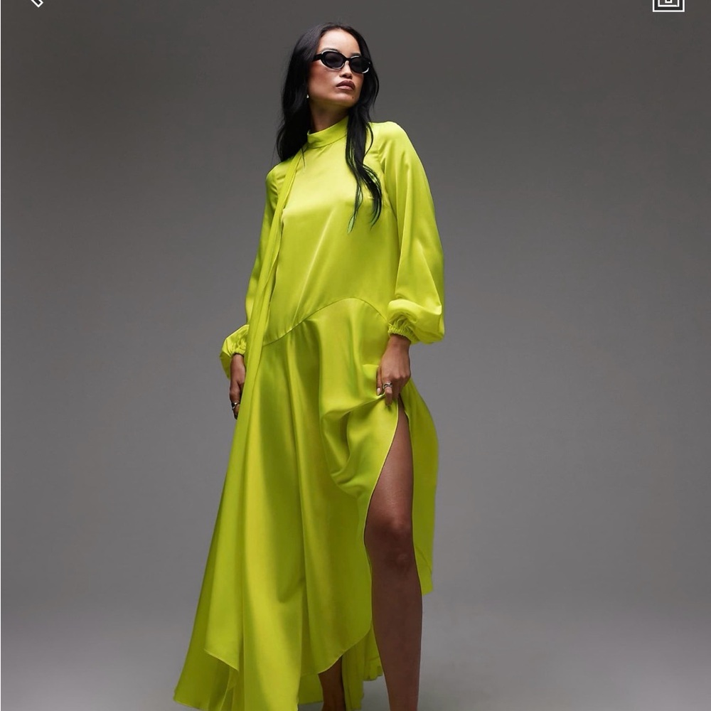 ASOS Neon Lime Long Sleeve High Neck Satin Dress